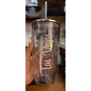 Las Vegas Tumbler 16 oz Clear Glitter Insulated Straw New